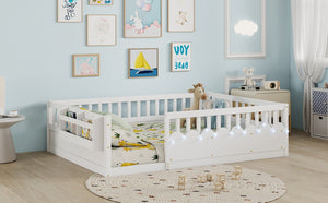 English Elm Full Montessori Floor Bed Solid Pine Frame with LED Strip Light and Storage Shelf W2593P445207