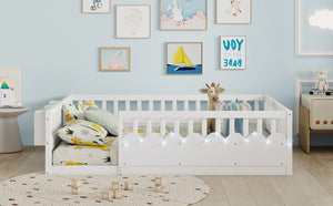 English Elm Full Montessori Floor Bed Solid Pine Frame with LED Strip Light and Storage Shelf W2593P445207