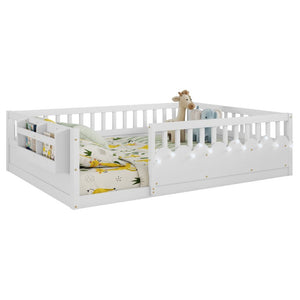 English Elm Full Montessori Floor Bed Solid Pine Frame with LED Strip Light and Storage Shelf W2593P445207