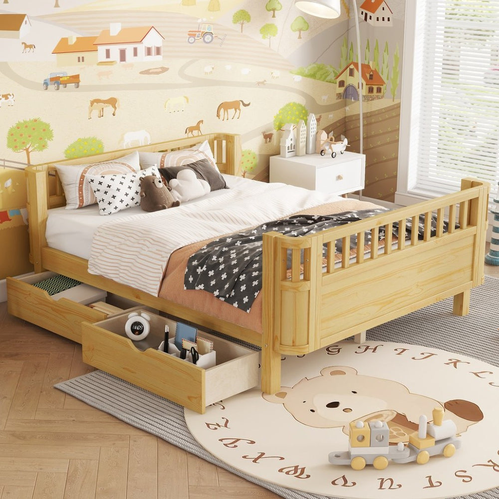 English Elm Full Size Kids Platform Bed Solid Pine Low Profile Storage Drawers Fence Rails Natural W2593P445641