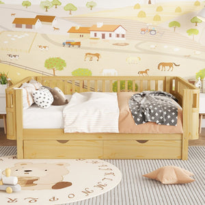 English Elm Full Size Kids Platform Bed Solid Pine Low Profile Storage Drawers Fence Rails Natural W2593P445641