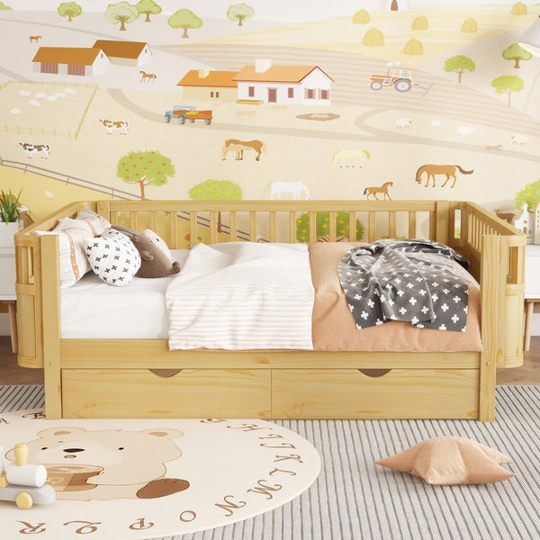 English Elm Full Size Kids Platform Bed Solid Pine Low Profile Storage Drawers Fence Rails Natural W2593P445641