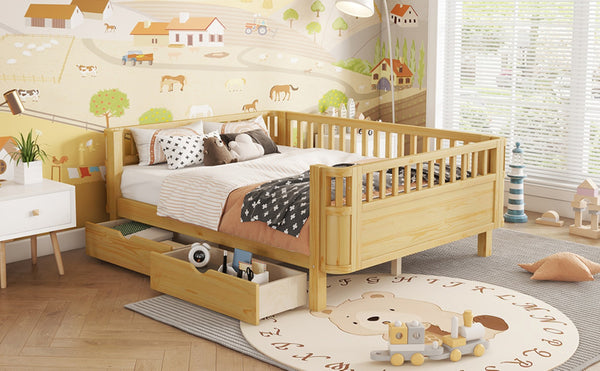 English Elm Full Size Kids Platform Bed Solid Pine Low Profile Storage Drawers Fence Rails Natural W2593P445641