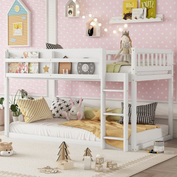 English Elm Low Profile Twin Over Solid Pine Bunk Bed with Convertible Loft for Kids White W2593P480600
