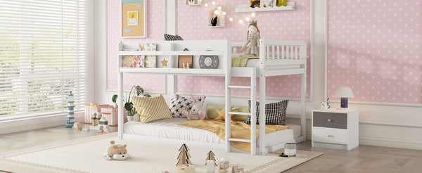 English Elm Low Profile Twin Over Solid Pine Bunk Bed with Convertible Loft for Kids White W2593P480600