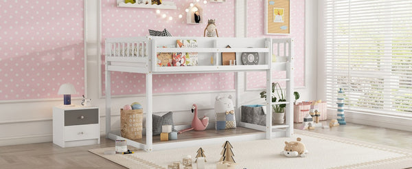 English Elm Low Profile Twin Over Solid Pine Bunk Bed with Convertible Loft for Kids White W2593P480600