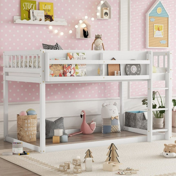 English Elm Low Profile Twin Over Solid Pine Bunk Bed with Convertible Loft for Kids White W2593P480600