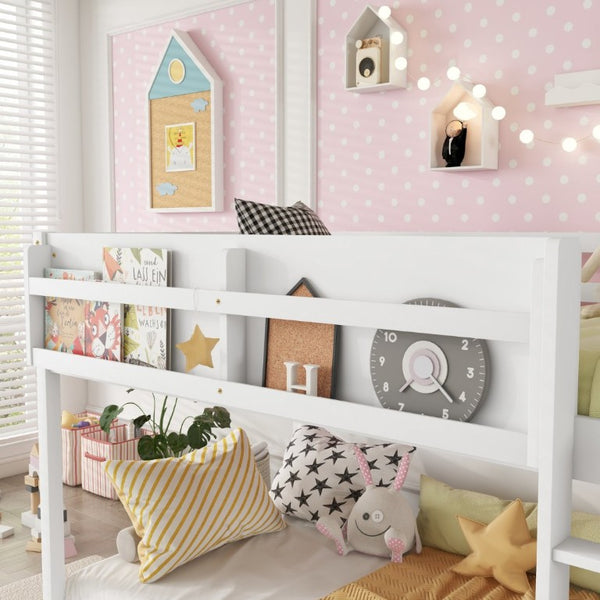English Elm Low Profile Twin Over Solid Pine Bunk Bed with Convertible Loft for Kids White W2593P480600
