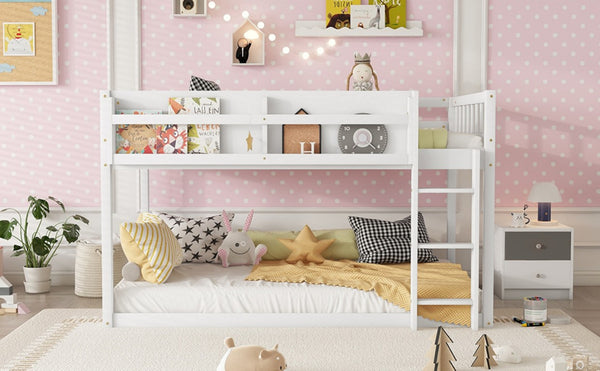 English Elm Low Profile Twin Over Solid Pine Bunk Bed with Convertible Loft for Kids White W2593P480600