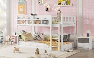 English Elm Low Profile Twin Over Solid Pine Bunk Bed with Convertible Loft for Kids White W2593P480600
