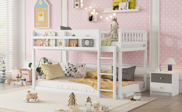 English Elm Low Profile Twin Over Solid Pine Bunk Bed with Convertible Loft for Kids White W2593P480600