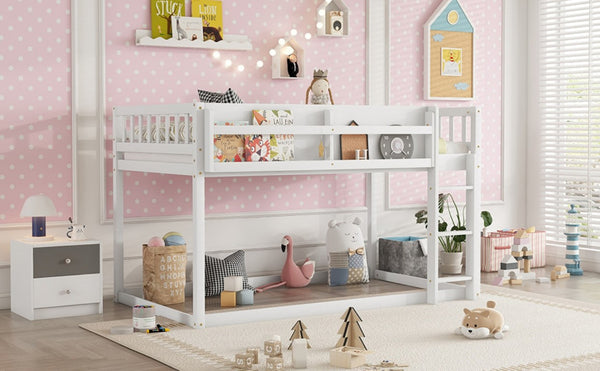 English Elm Low Profile Twin Over Solid Pine Bunk Bed with Convertible Loft for Kids White W2593P480600