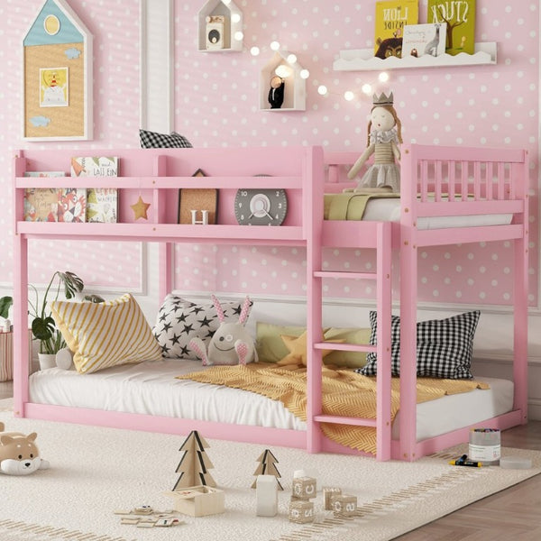 English Elm Low Profile Twin Over Solid Pine Bunk Bed with Convertible Loft for Kids Pink W2593P480601