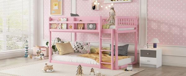 English Elm Low Profile Twin Over Solid Pine Bunk Bed with Convertible Loft for Kids Pink W2593P480601