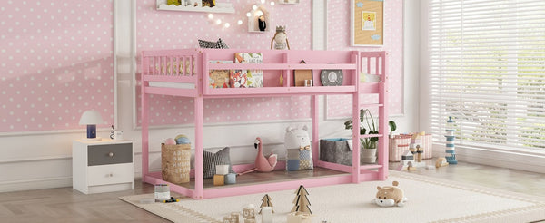 English Elm Low Profile Twin Over Solid Pine Bunk Bed with Convertible Loft for Kids Pink W2593P480601
