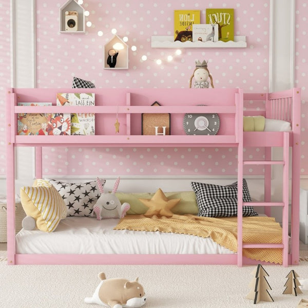 English Elm Low Profile Twin Over Solid Pine Bunk Bed with Convertible Loft for Kids Pink W2593P480601