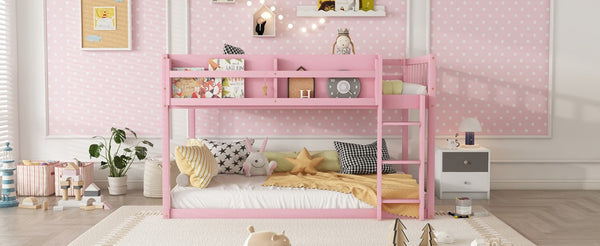 English Elm Low Profile Twin Over Solid Pine Bunk Bed with Convertible Loft for Kids Pink W2593P480601