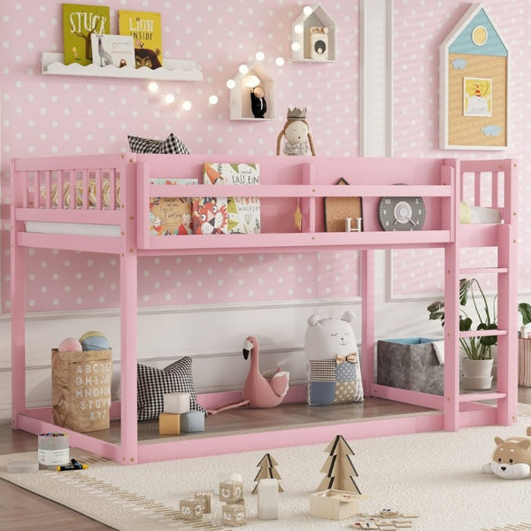 English Elm Low Profile Twin Over Solid Pine Bunk Bed with Convertible Loft for Kids Pink W2593P480601