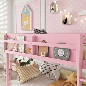 English Elm Low Profile Twin Over Solid Pine Bunk Bed with Convertible Loft for Kids Pink W2593P480601