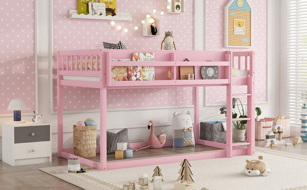 English Elm Low Profile Twin Over Solid Pine Bunk Bed with Convertible Loft for Kids Pink W2593P480601