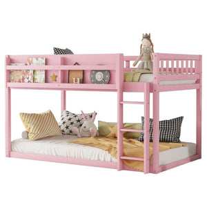 English Elm Low Profile Twin Over Solid Pine Bunk Bed with Convertible Loft for Kids Pink W2593P480601