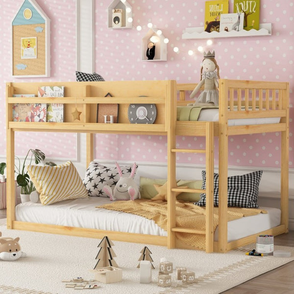 English Elm Low Profile Twin Over Solid Pine Bunk Bed with Convertible Loft for Kids Natural W2593P480604