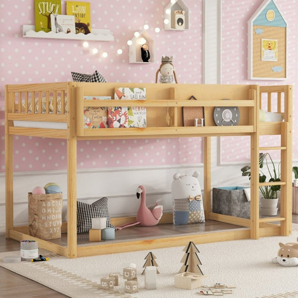 English Elm Low Profile Twin Over Solid Pine Bunk Bed with Convertible Loft for Kids Natural W2593P480604
