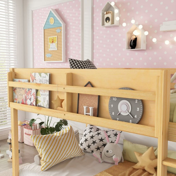 English Elm Low Profile Twin Over Solid Pine Bunk Bed with Convertible Loft for Kids Natural W2593P480604