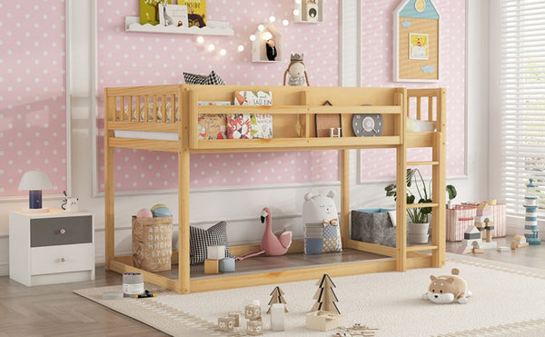 English Elm Low Profile Twin Over Solid Pine Bunk Bed with Convertible Loft for Kids Natural W2593P480604