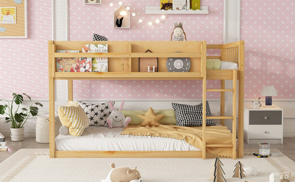 English Elm Low Profile Twin Over Solid Pine Bunk Bed with Convertible Loft for Kids Natural W2593P480604