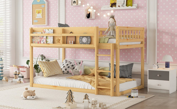 English Elm Low Profile Twin Over Solid Pine Bunk Bed with Convertible Loft for Kids Natural W2593P480604