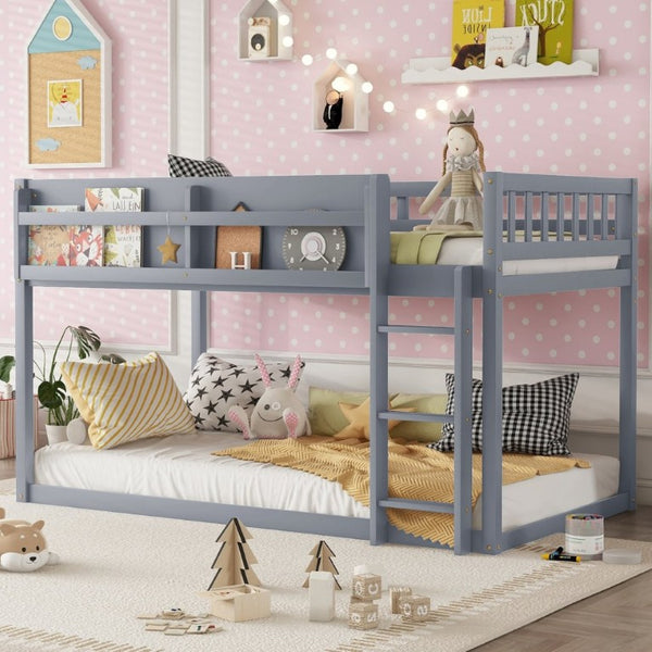 English Elm Low Profile Twin Over Solid Pine Bunk Bed with Convertible Loft for Kids Grey W2593P480620