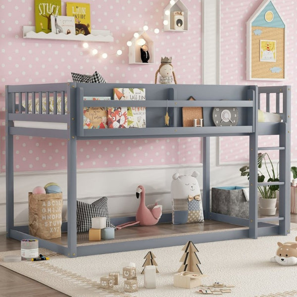 English Elm Low Profile Twin Over Solid Pine Bunk Bed with Convertible Loft for Kids Grey W2593P480620