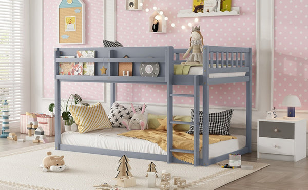English Elm Low Profile Twin Over Solid Pine Bunk Bed with Convertible Loft for Kids Grey W2593P480620