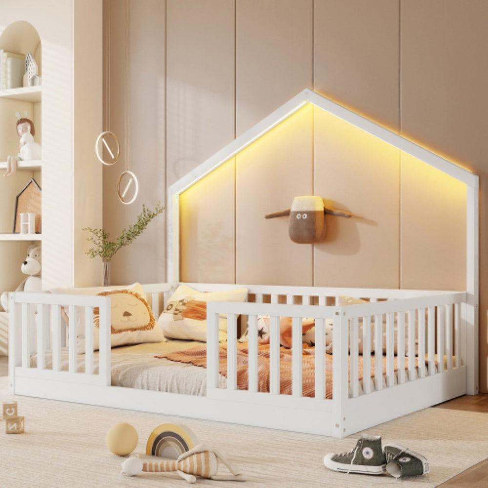 English Elm Full Montessori Floor Bed House Frame with LED Lighting and Safety Rails for Kids White W2593P493635