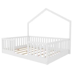 English Elm Full Montessori Floor Bed House Frame with LED Lighting and Safety Rails for Kids White W2593P493635