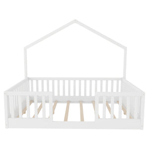 English Elm Full Montessori Floor Bed House Frame with LED Lighting and Safety Rails for Kids White W2593P493635