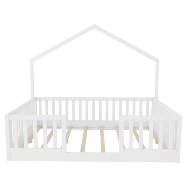 English Elm Full Montessori Floor Bed House Frame with LED Lighting and Safety Rails for Kids White W2593P493635
