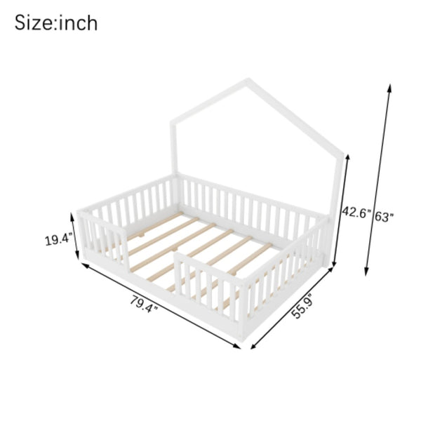 English Elm Full Montessori Floor Bed House Frame with LED Lighting and Safety Rails for Kids White W2593P493635