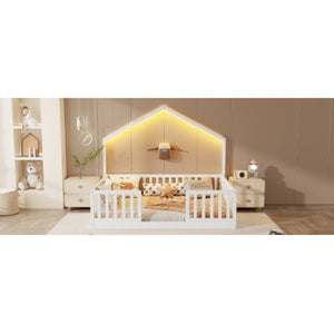 English Elm Full Montessori Floor Bed House Frame with LED Lighting and Safety Rails for Kids White W2593P493635