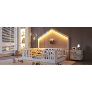 English Elm Full Montessori Floor Bed House Frame with LED Lighting and Safety Rails for Kids White W2593P493635