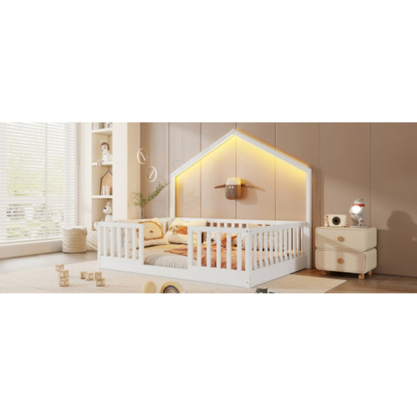 English Elm Full Montessori Floor Bed House Frame with LED Lighting and Safety Rails for Kids White W2593P493635