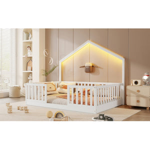 English Elm Full Montessori Floor Bed House Frame with LED Lighting and Safety Rails for Kids White W2593P493635