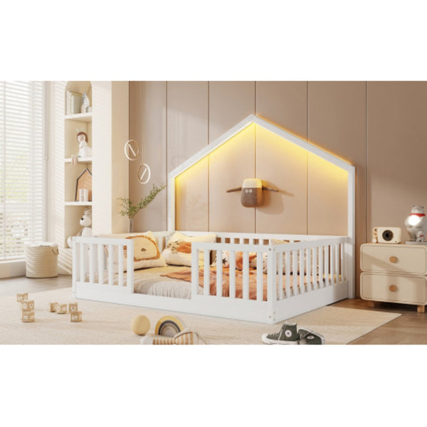 English Elm Full Montessori Floor Bed House Frame with LED Lighting and Safety Rails for Kids White W2593P493635