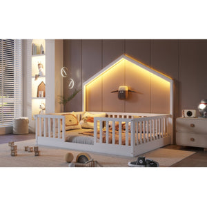 English Elm Full Montessori Floor Bed House Frame with LED Lighting and Safety Rails for Kids White W2593P493635