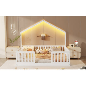 English Elm Full Montessori Floor Bed House Frame with LED Lighting and Safety Rails for Kids White W2593P493635