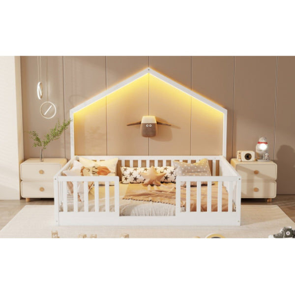 English Elm Full Montessori Floor Bed House Frame with LED Lighting and Safety Rails for Kids White W2593P493635