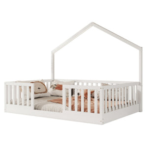 English Elm Full Montessori Floor Bed House Frame with LED Lighting and Safety Rails for Kids White W2593P493635