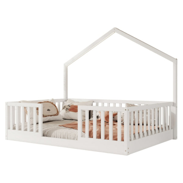 English Elm Full Montessori Floor Bed House Frame with LED Lighting and Safety Rails for Kids White W2593P493635