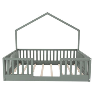 English Elm Full Montessori Floor Bed House Frame with LED Lighting and Safety Rails for Kids Grey W2593P493638